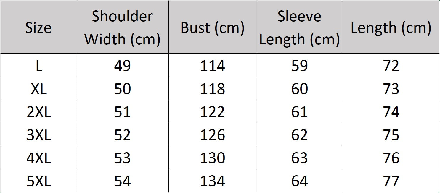 Men’s size chart for a goatskin down jacket in Onyx with four cargo pockets, detachable hood, stand collar, and front zip closure. Slightly glossy finish. From Borcelleclothes.