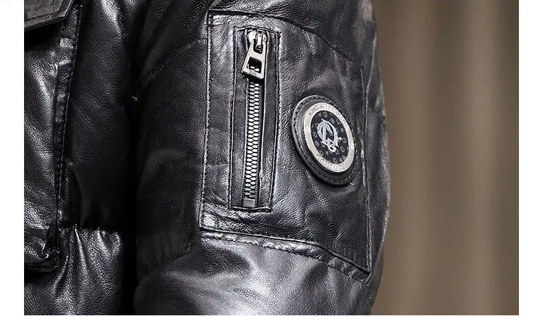 Goatskin down jacket in Onyx featuring a zippered sleeve pocket — From Borcelleclothes.
