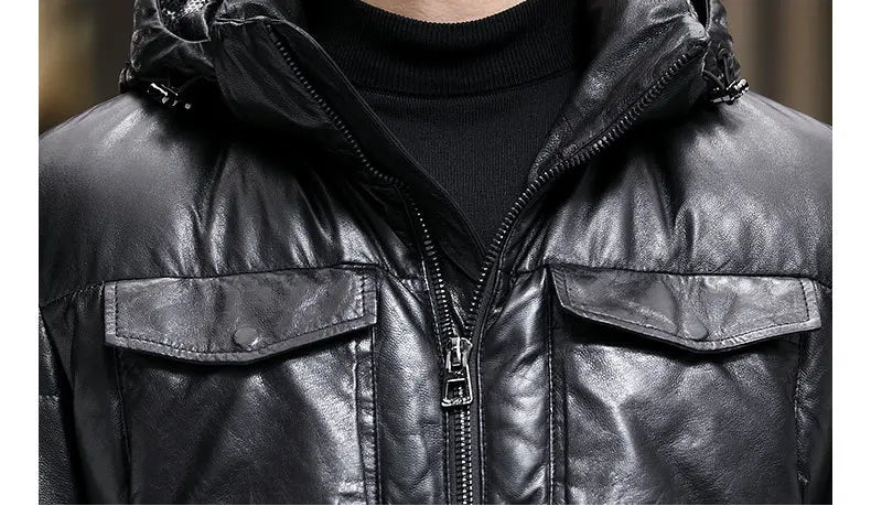 Detailed view of unzipped collar on goatskin down jacket in Onyx — From Borcelleclothes.