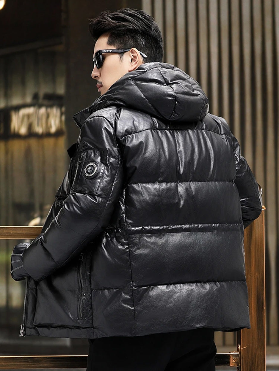 Back view of a Goatskin down jacket in Onyx, on the unzipped model — From Borcelleclothes.
