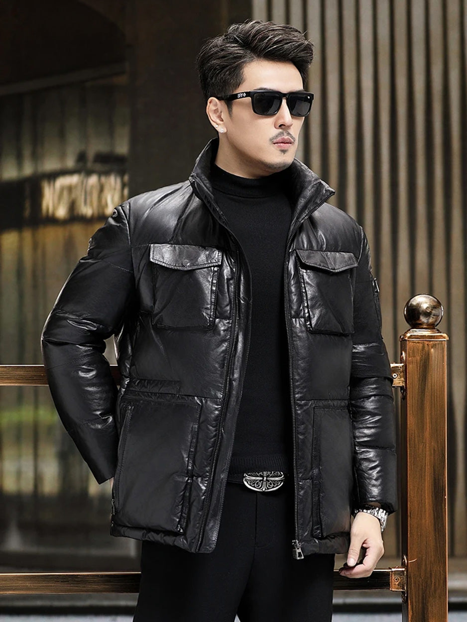 Onyx goatskin down jacket worn unzipped, model with hand behind back — From Borcelleclothes.