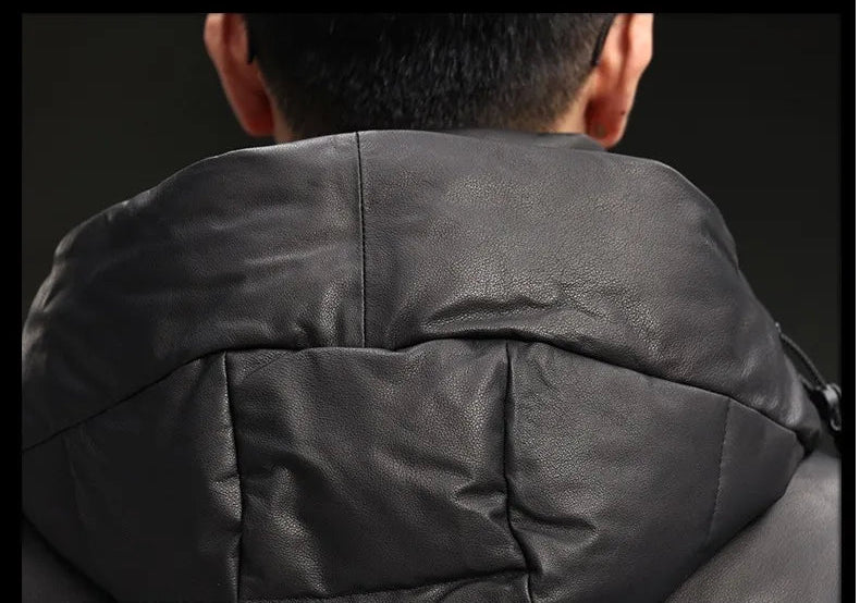 Close-up of the back hood construction on men’s goose down jacket in matte cowhide — From Borcelleclothes.