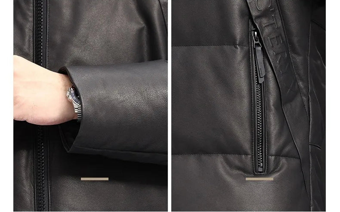Detail collage of sleeve cuff and vertical zip pocket on matte cowhide jacket in Abyss — From Borcelleclothes.