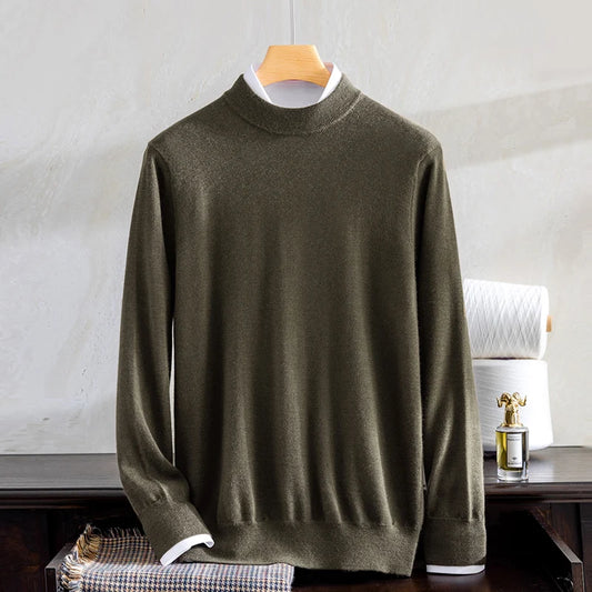 Men's Grade A Alashan Cashmere Mock Neck Sweater in Makara, crafted from 100% Alashan Cashmere, featuring a smooth stockinette bodice, ribbed mock neck, and ribbed cuffs for a polished and sophisticated look. From Borcelleclothes.