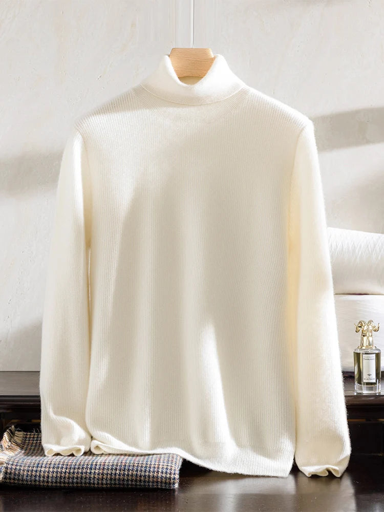 Draping Men's Grade A Alashan cashmere turtleneck sweater in Pearl Bush color. From Borcelleclothes.
