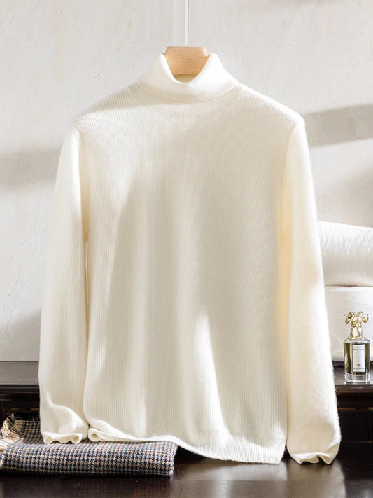 Draping Men's Grade A Alashan cashmere turtleneck sweater in Pearl Bush color. From Borcelleclothes.