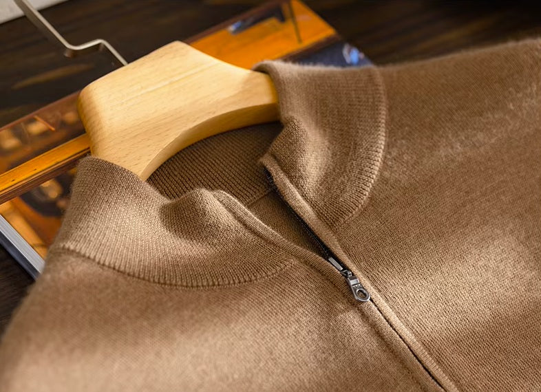 The ribbed mock neck collar on the Men's Grade A Cashmere Quarter-Zip Sweater in French Beige, showcasing its refined texture and zipper detail. From Borcelleclothes.