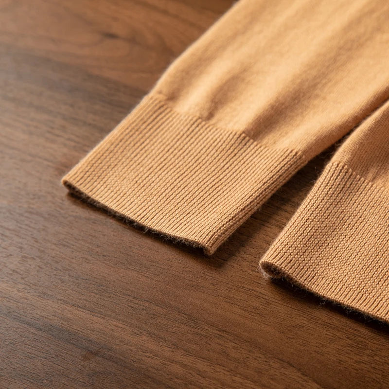 Cuff detail in 1x1 ribbed texture on the French Beige cashmere turtleneck — From Borcelleclothes.