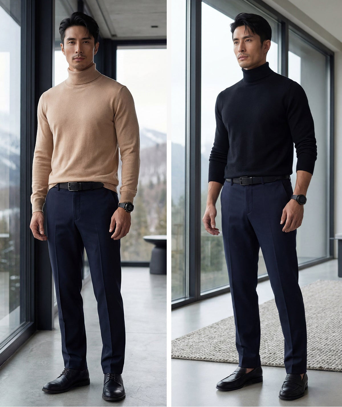 Collage of posing model in a Men's Regular-fitting cashmere turtleneck in French Beige and Onyx. — From Borcelleclothes.