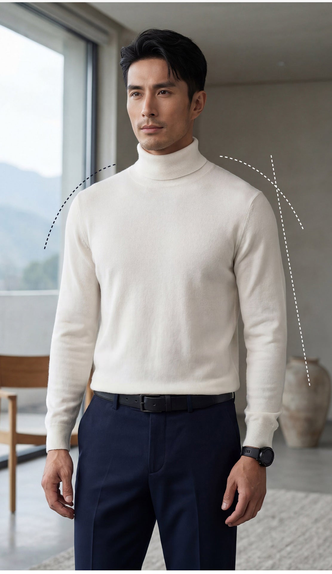 Posing model in a Men's Regular-fitting cashmere turtleneck in stockinette stitch with 1x1 ribbed neck, cuffs, and hem, available in Platinum color — From Borcelleclothes.