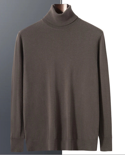 Grade A cashmere turtleneck in Umber shown on hanger — From Borcelleclothes.