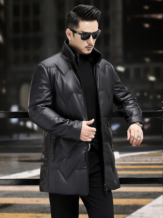 Model wearing the heat-pressed sheepskin down jacket in Onyx, leaning against a railing — From Borcelleclothes.