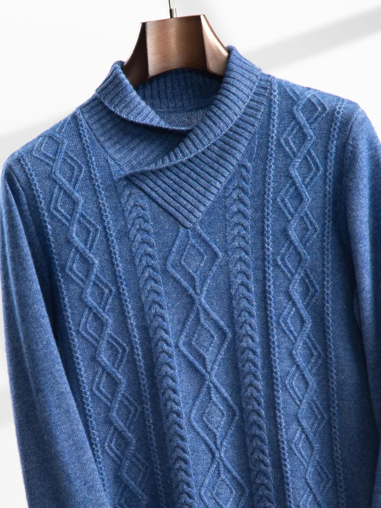 Hybrid neck cashmere sweater in Blue Spell, draped to reflect the calm mystery of the color and its sculptural form — From Borcelleclothes.