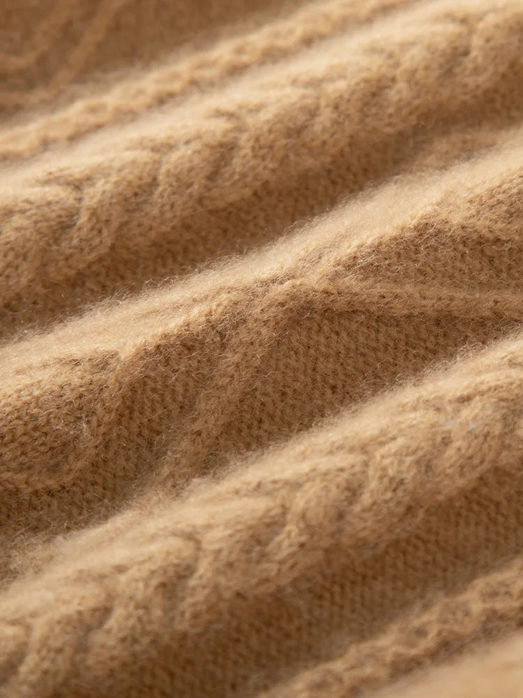 Lion-colored hybrid neck cashmere sweater featuring variations of geometric and braided textures — From Borcelleclothes.