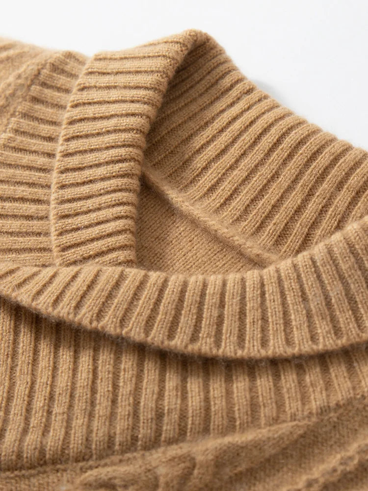 Close detail of the V-neck shawl collar in 2×2 rib texture on the Lion hybrid neck cashmere sweater — From Borcelleclothes.