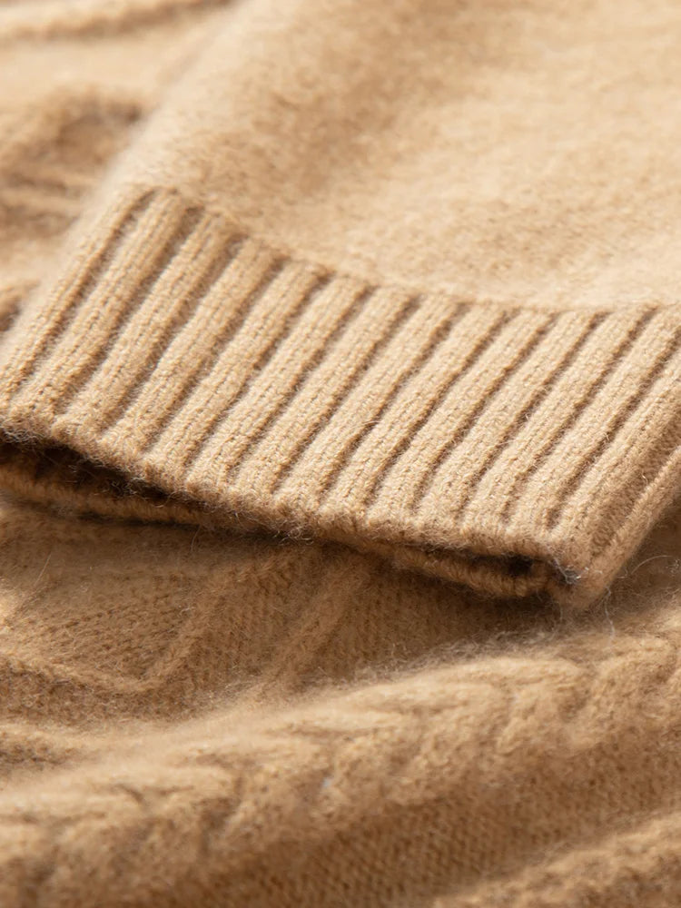 2×2 ribbed cuff of the hybrid neck cashmere sweater in Lion, showcasing the slim-fitting sleeve finish — From Borcelleclothes.