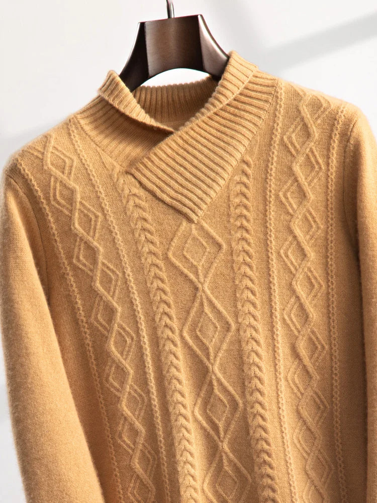 Hybrid neck cashmere sweater in Lion, draped to highlight the interplay of structure and softness — From Borcelleclothes.