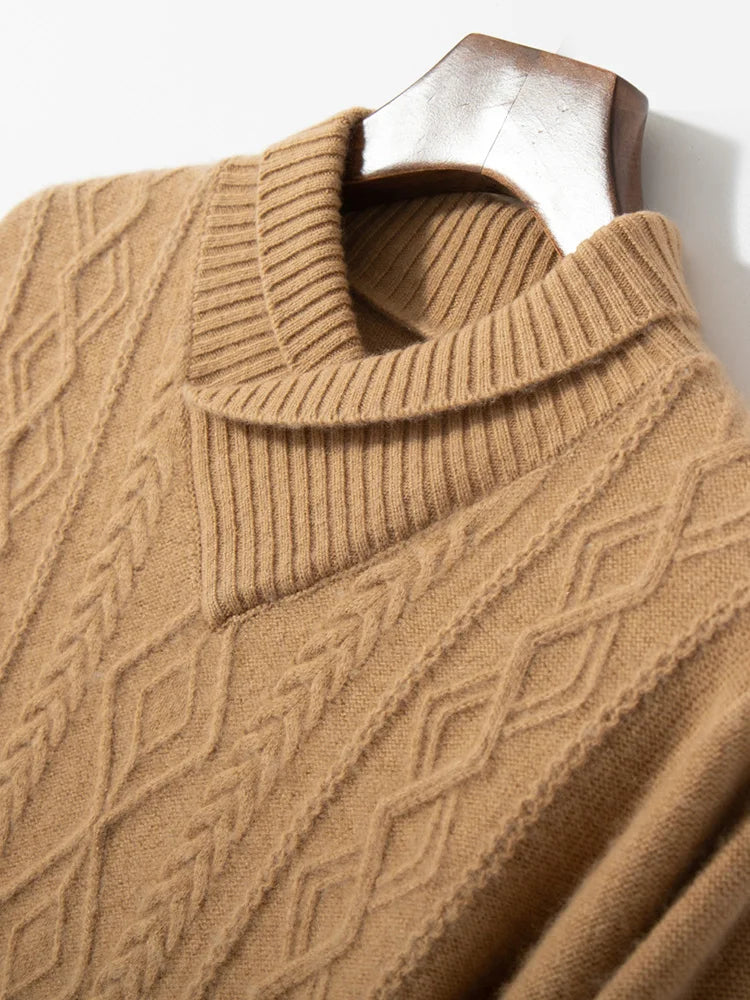 Hybrid neck cashmere sweater in Lion, upper part on hanger showing collar seaming and ribbed neckline — From Borcelleclothes.