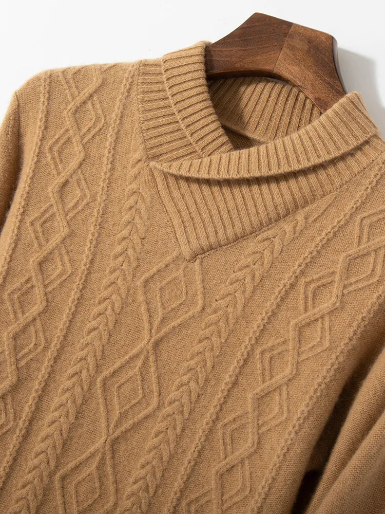 Upper part of the men's hybrid neck cashmere sweater in Lion, showing the sculpted V-neck shawl collar and stockinette texture — From Borcelleclothes.