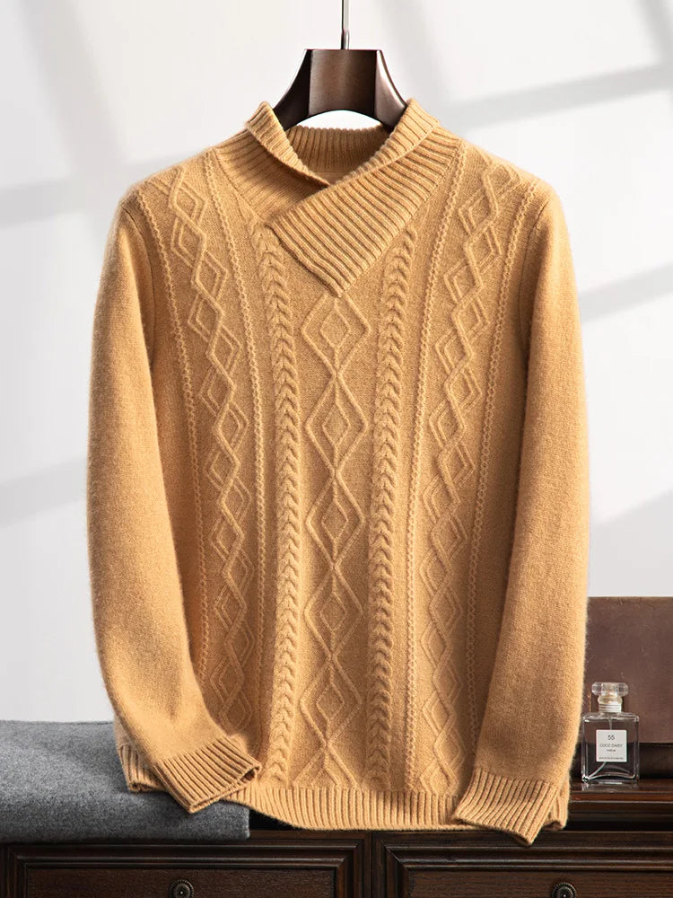 Men's hybrid neck cashmere sweater in Lion, featuring a V-neck shawl collar in 2×2 rib, cable and geometric front panel, and slim-fitting silhouette in stockinette stitch — From Borcelleclothes.