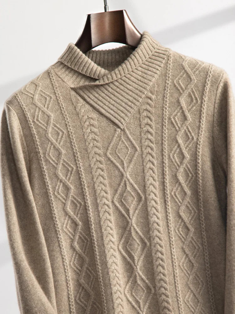Hybrid neck cashmere sweater in Sandrift, softly draped to reveal fluid construction and textured pattern — From Borcelleclothes.