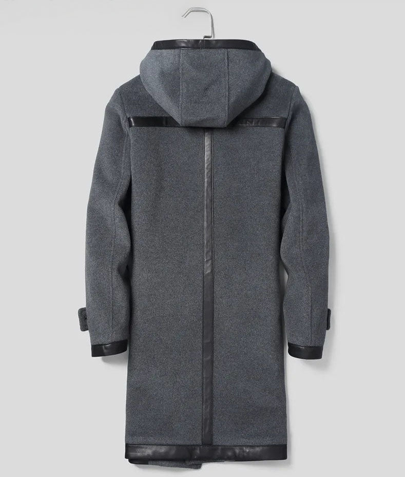 Full back view of a bright grey hybrid wool-leather coat. From Borcelleclothes.