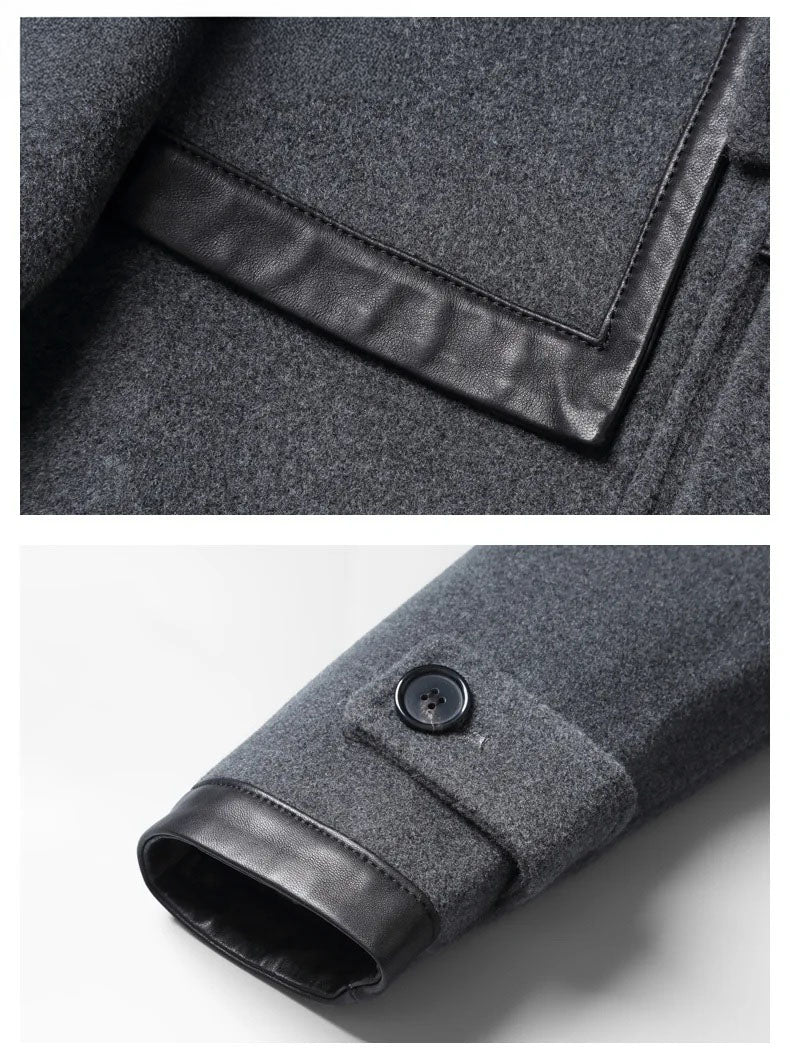 Collage highlighting bright grey hybrid coat chest leather trim and cuff. From Borcelleclothes.