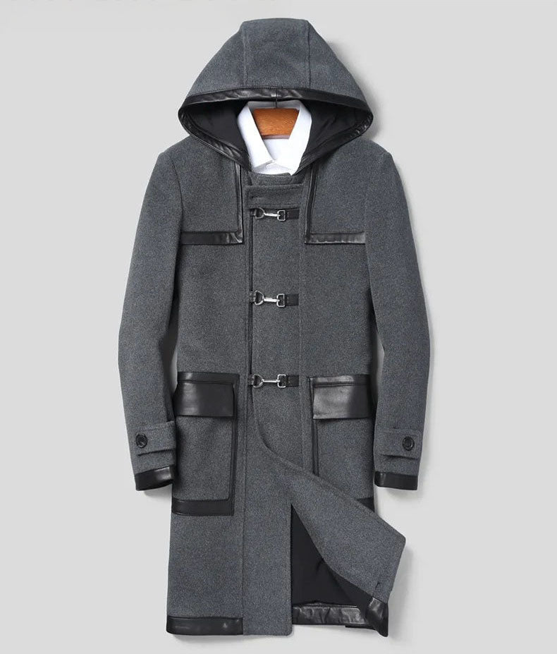 Full front view of a bright grey hybrid wool-leather coat. From Borcelleclothes.