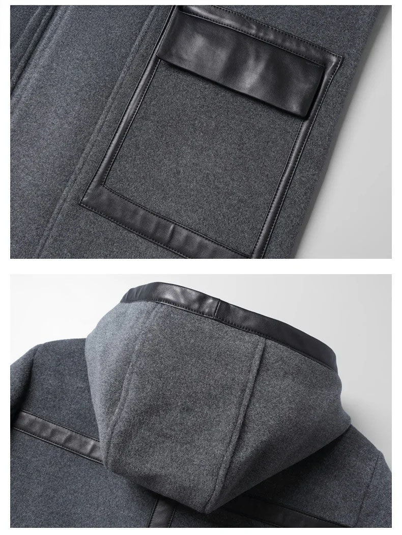 Collage of bright grey hybrid coat patch pocket, back view of hood. From Borcelleclothes.