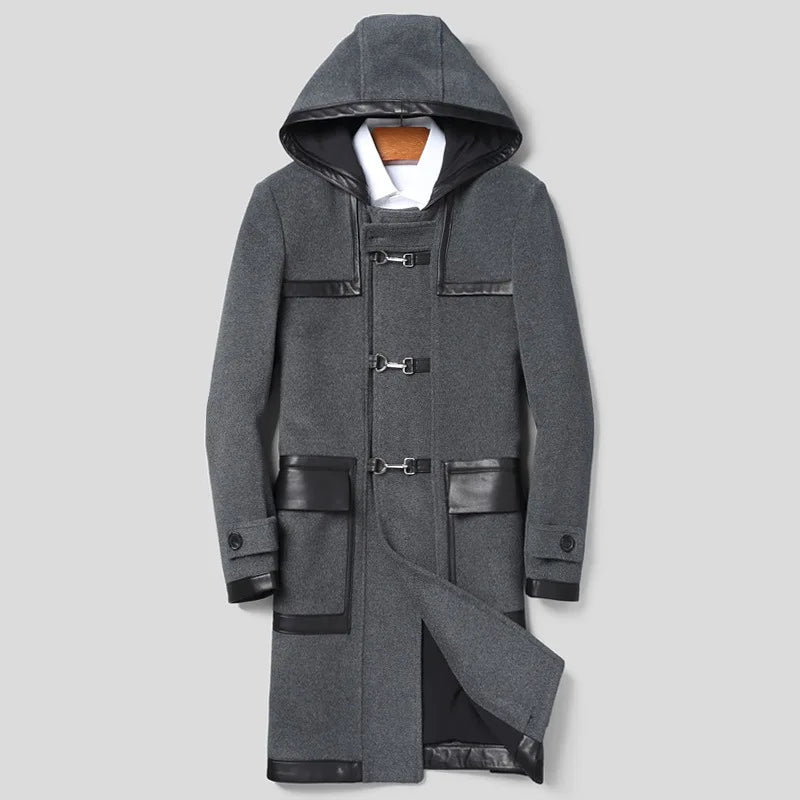 Men’s hybrid wool-leather coat in Bright Grey, with hood, leather overlays, and distinctive swivel-clasp closures. From Borcelleclothes.