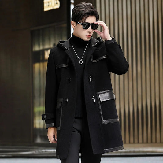Men’s hybrid wool-leather coat in Onyx, with hood, leather overlays, and distinctive swivel-clasp closures. From Borcelleclothes.