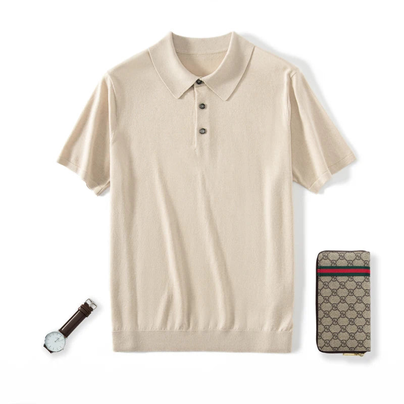 Men’s knitted silk-cashmere polo shirt in Almond — featuring a soft drape and wide collar that rests gently on the shoulders. From Borcelleclothes.