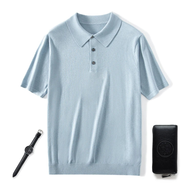 Men’s knitted silk-cashmere polo shirt in Echo Blue — featuring a soft drape and wide collar that rests gently on the shoulders. From Borcelleclothes.