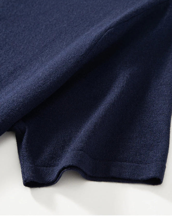 Sleeve detail of the Midnight Express polo — softly draped, expressing the silk-cashmere blend’s flexibility and lightness. From Borcelleclothes.