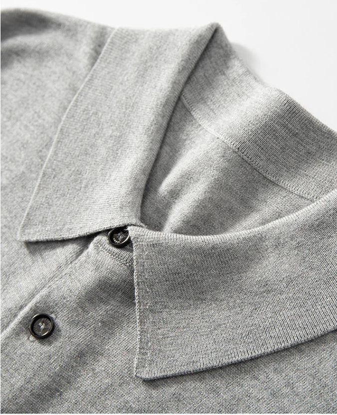 Detail of the Silver Sand silk-cashmere polo — showing the placket and wide collar resting fluidly. From Borcelleclothes.