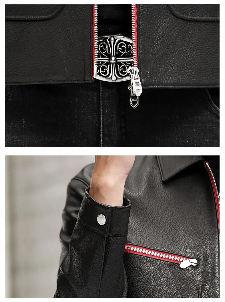 Collage highlighting the bottom hem, snap cuffs, and textured leather of the jacket — From Borcelleclothes.