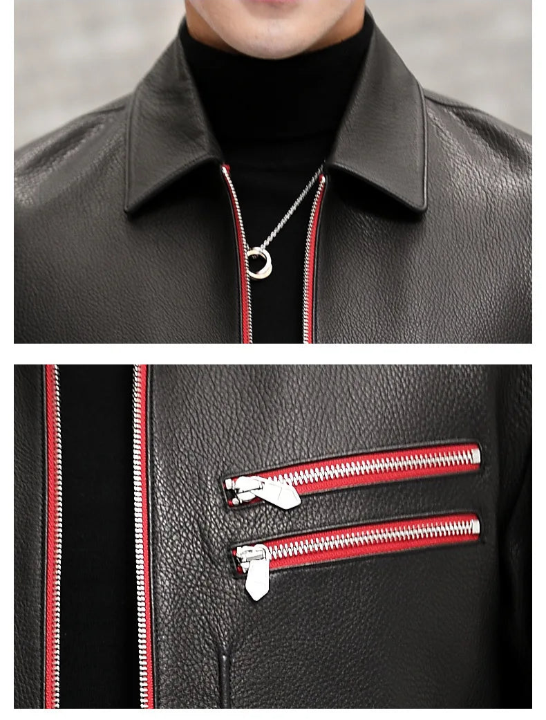Collage featuring the pointed collar and left-side Carmine Pink chest zipper pockets on the goatskin leather jacket — From Borcelleclothes.