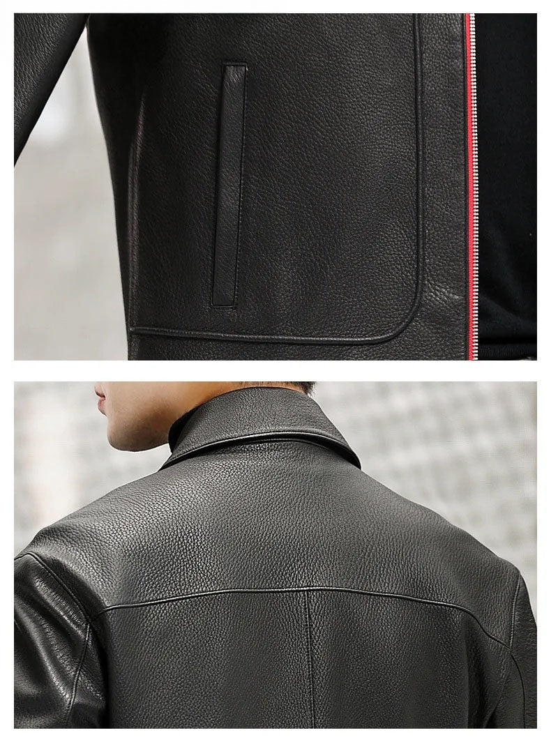 Collage showing a close-up of the single-welt waist pocket, back yoke, and goatskin texture of the leather jacket — From Borcelleclothes.