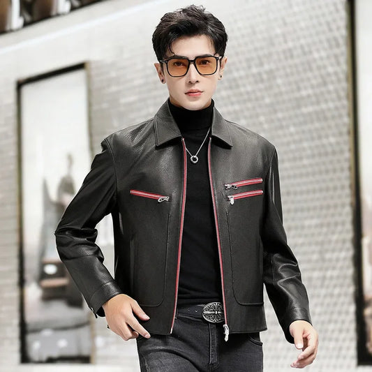 Men’s black goatskin leather jacket with Carmine Pink zipper accents and sculptural piping — From Borcelleclothes.