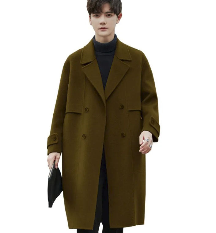 Men's Luxurious Double-Faced Coat in Deep Bronze—crafted from a blend of Merino wool and cashmere. This double-breasted design features horn buttons, notch lapels, and precise tailoring, embodying balance and refinement. From Borcelleclothes.
