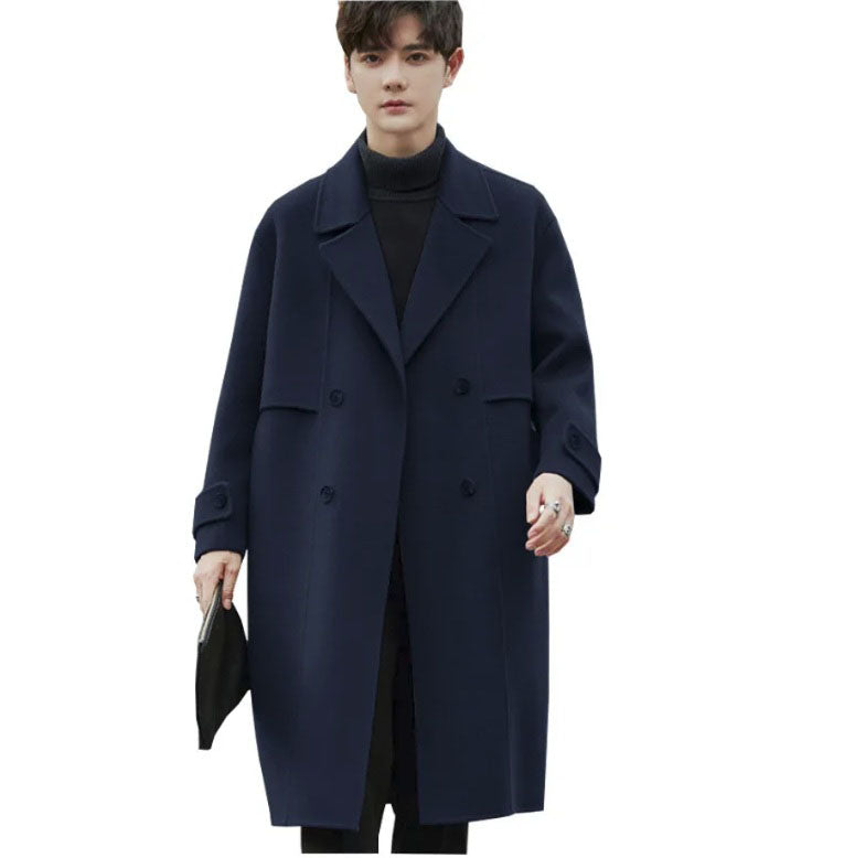 Men's Luxurious Double-Faced Coat in Midnight Express—crafted from a blend of Merino wool and cashmere. This double-breasted design features horn buttons, notch lapels, and precise tailoring, embodying balance and refinement. From Borcelleclothes.