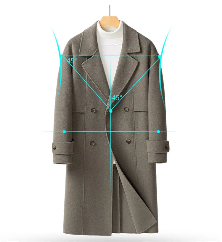 Demonstration of the Men's Luxurious Double-Faced Coat in Sandstone, highlighting the precise 45-degree angular notch lapel, a mark of meticulous tailoring. From Borcelleclothes.