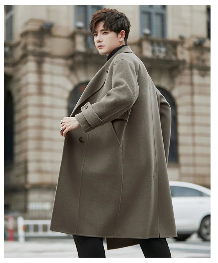 Side and back view of the Men's Luxurious Double-Faced Coat in Sandstone, showcasing the elegant drape, structured silhouette, and precision tailoring. From Borcelleclothes.