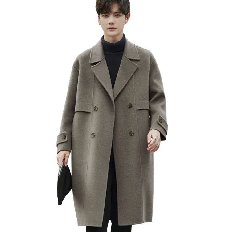 Men's Luxurious Double-Faced Coat in Sandstone—crafted from a blend of Merino wool and cashmere. This double-breasted design features horn buttons, notch lapels, and precise tailoring, embodying balance and refinement. From Borcelleclothes.