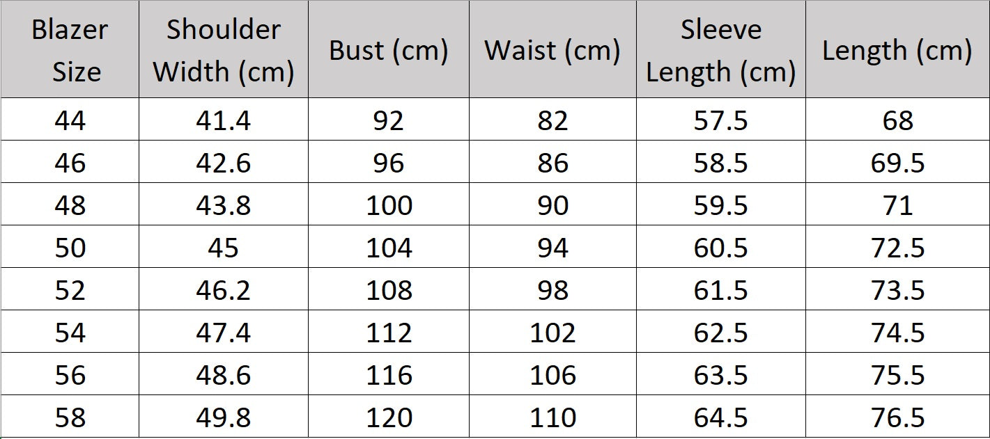 Blazer size chart for the Men's Luxury Alabaster Suit, detailing measurements for a tailored fit. From Borcelleclothes.