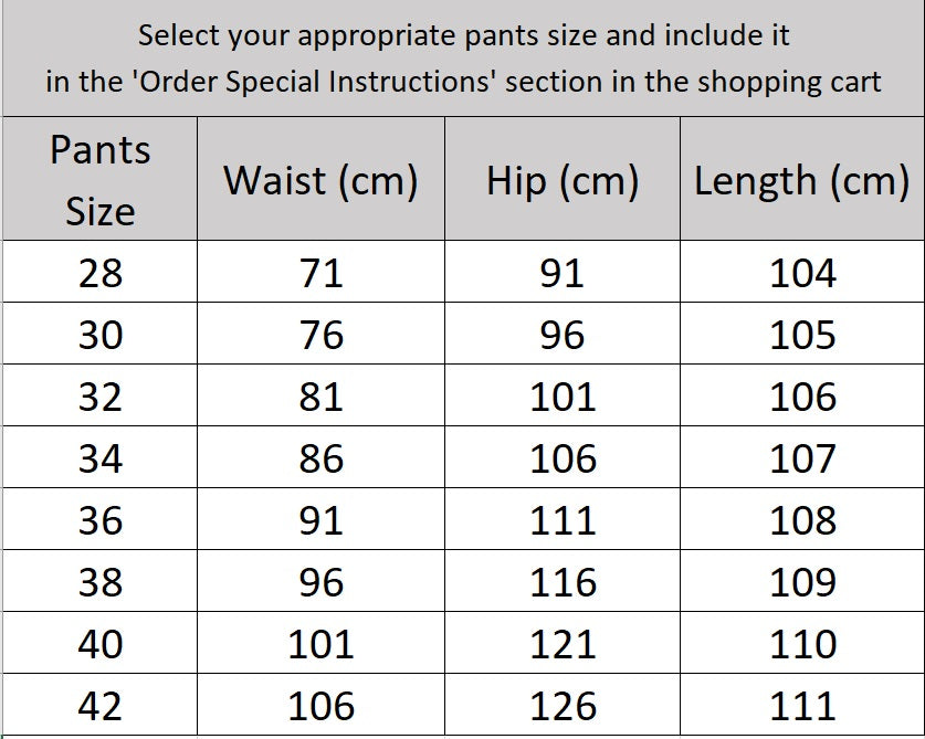 Pants size chart for the Men's Luxury Alabaster Suit, providing precise measurements for a streamlined look. From Borcelleclothes.
