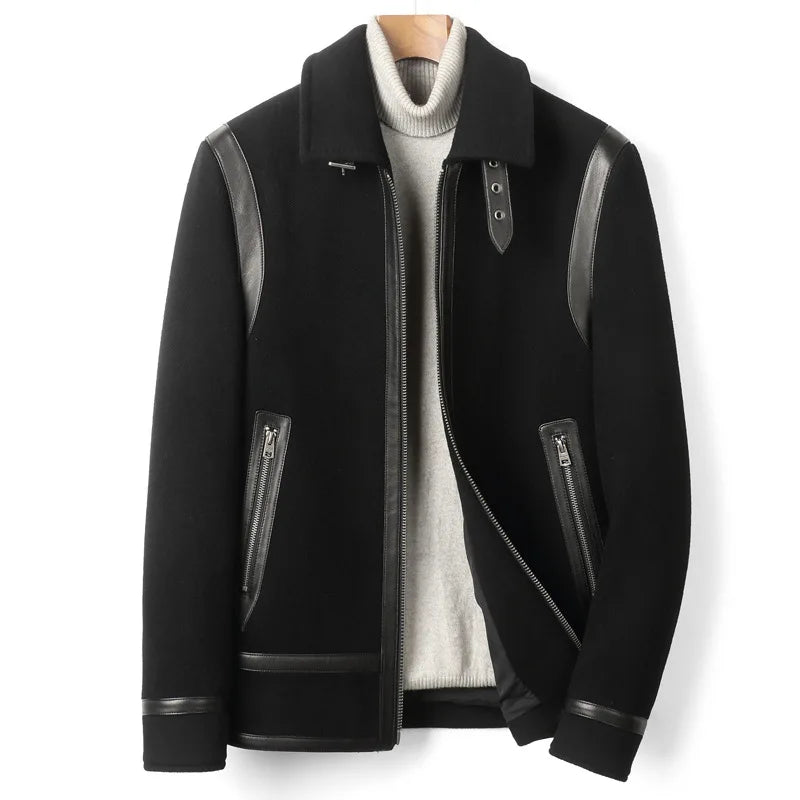 Men's Luxury wool-cashmere bomber jacket with sheepskin leather trim in Onyx, featuring vertical back leather stripes, leather-framed zipper, and collar strap with metal buckle – from Borcelleclothes.