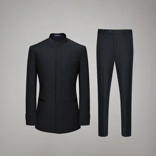 Men's Mandarin Collar Wool Ensemble in Onyx, featuring a tailored silhouette with a sleek concealed placket, subtle satin accents, and straight-leg trousers for a modern, commanding look. From Borcelleclothes.