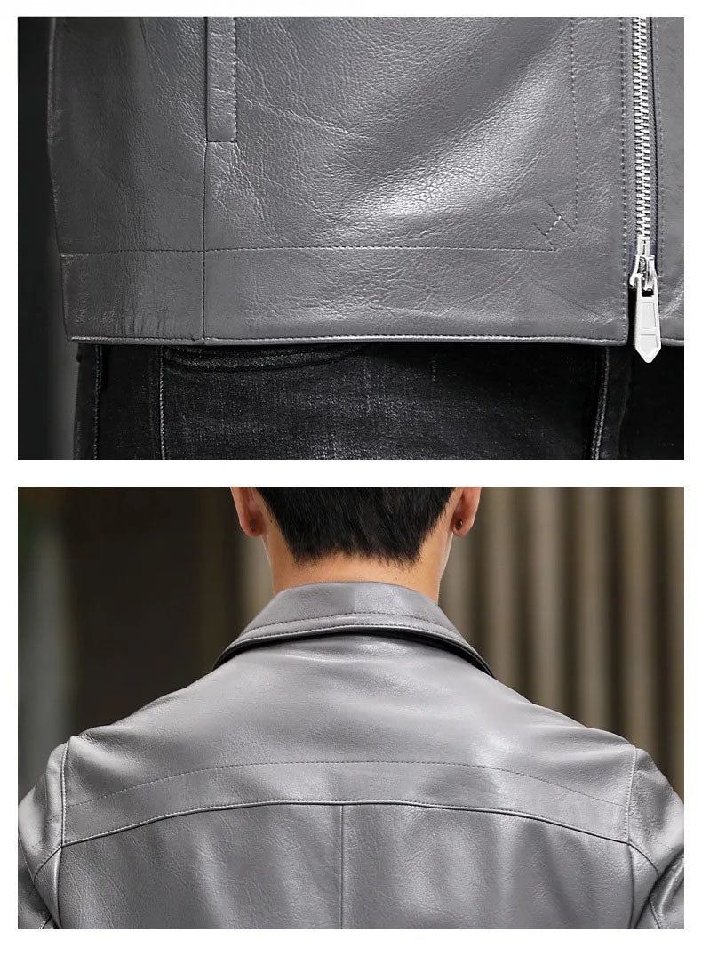 Close-up collage of hem stitching, front panel, and back yoke on Mercury leather jacket — From Borcelleclothes.