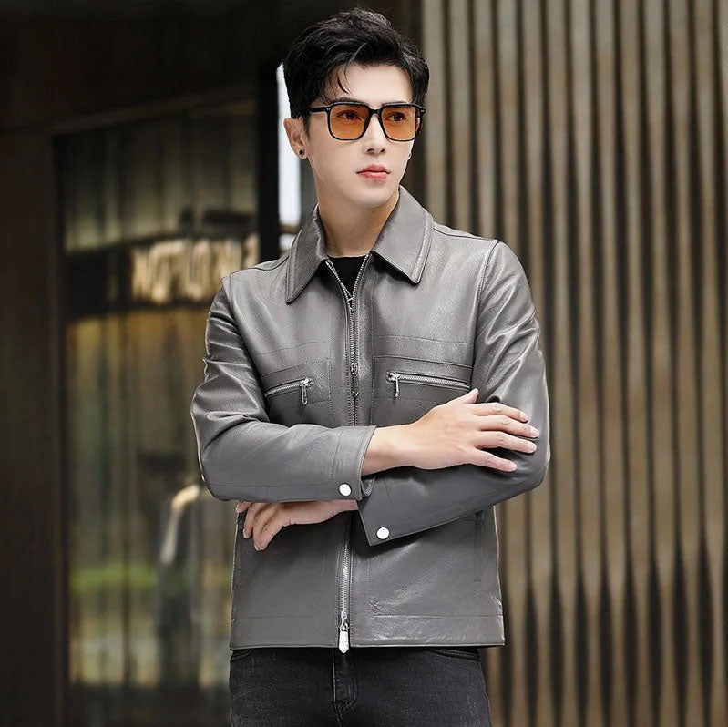 Model in Mercury sheepskin jacket with arms crossed, highlighting relaxed silhouette and clean shoulder line — From Borcelleclothes.